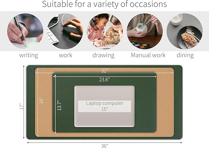 RENMTURE Desk Pad, Cork & PU Leather Desk Mat, Large Mouse pad, Non-Slip Desk Protector and Blotter, Waterproof Writing Pad, Desk Accessories and Organizers for Home Office (Deep Green,32"x16")