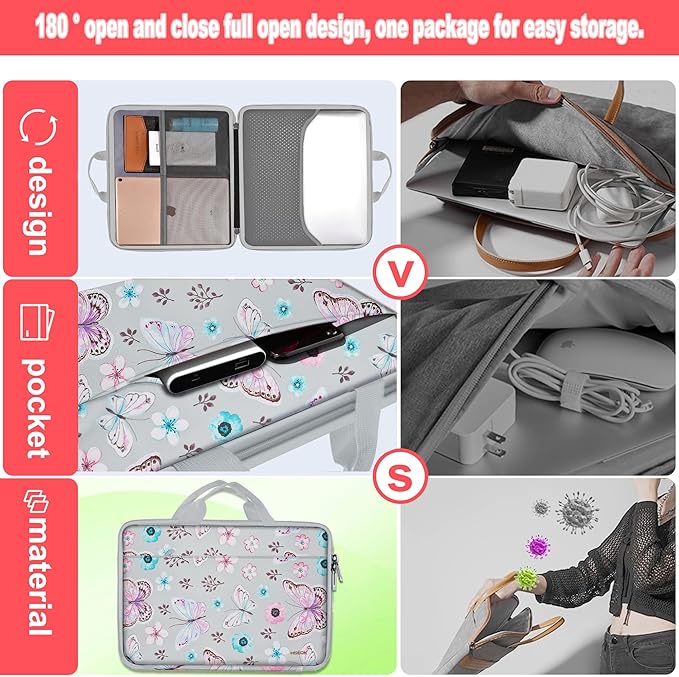 Hseok Laptop Case 13.3-14 inch Sleeve, TSA Computer Handbag Water-Resistant and Shockproof Bag Compatible with MacBook Pro/Neo 14", Mac Air/Pro 13.3" and 13"-14" Notebooks Chromebooks,Butterfly