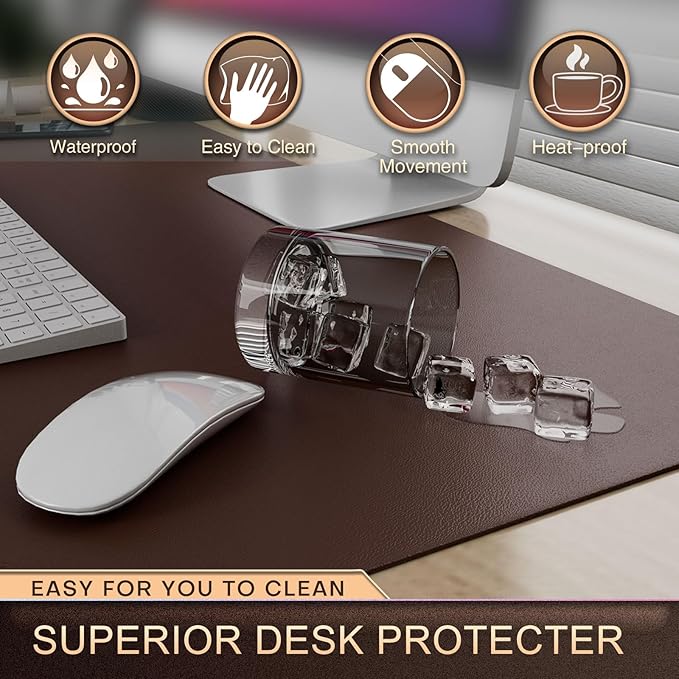 K KNODEL Leather Desk Pad Protector, Office Desk Mat, Large PVC Leather Desk Blotter, Non-Slip Mouse Pad (Dark Brown, 15.7" x 31.5")