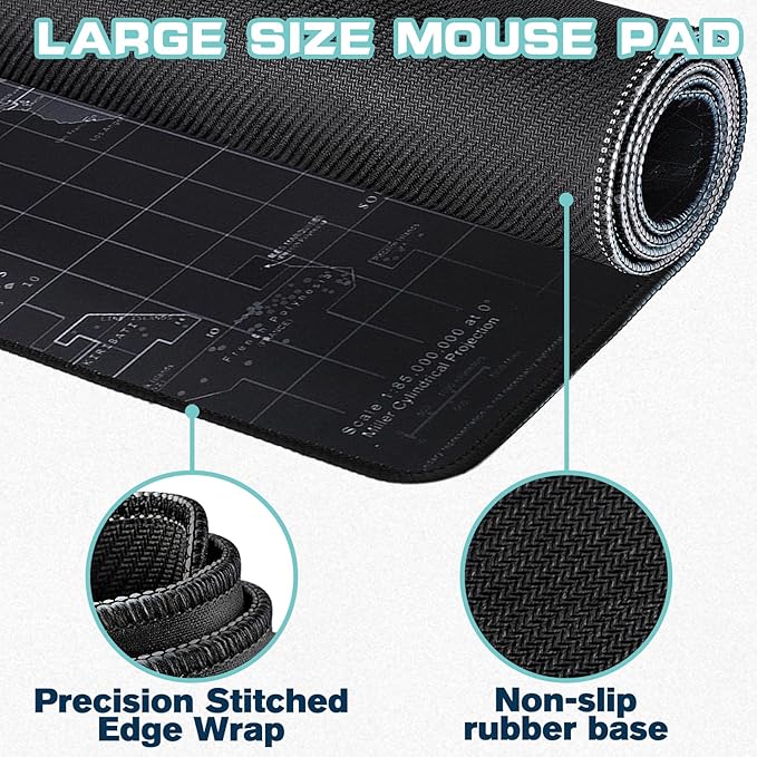 Mouse Pad Gaming - Desk Mat for Keyboard and Mouse -Black World Map Large Mouse Pads for Desk, Gaming Mousepad with Non-Slip Base, Desks Pad (31.5" X 11.8") for Game, Office and Home