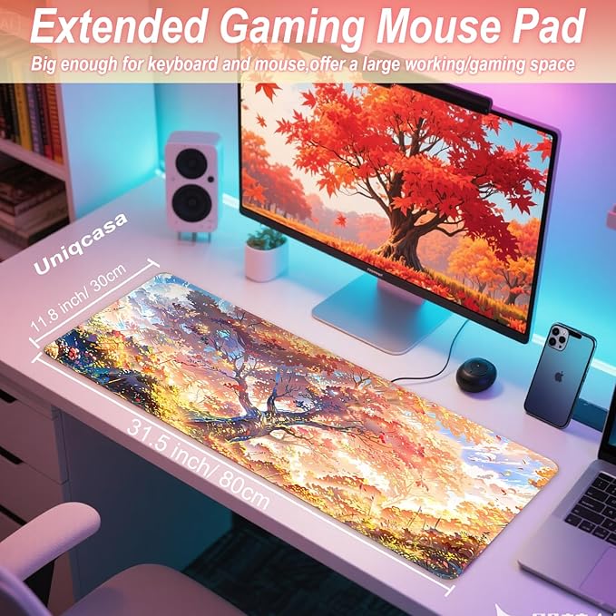 Gaming Mouse Pad 31.5x11.8 inch XL Large Extended Mouse Pad, Big Mousepad Desk Mat for Computer with Non-Slip Rubber Base and Stitched Edge-Maple Leaves