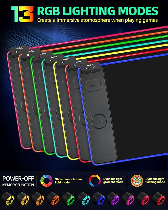 Wireless Charging Mouse Pad, RGB Gaming Mousepad, 31.5"x15.7" Extra Large Desk Pad, 13 Light Modes, Ultra-Smooth Surface, Non-Slip Base, Waterproof Computer Keyboard Mat for MacBook, PC, Laptop, Black