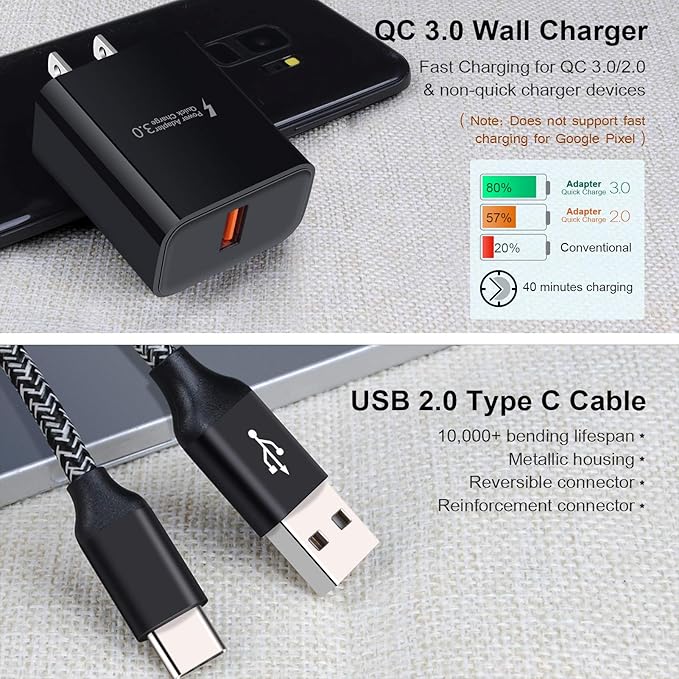 Quick Charge 3.0 Wall Charger Fast Charging Block for Samsung Galaxy A17 A16 5G S26 Ultra S25 S24 S23 S22 S21 S20 FE A15 A14 A13 A56 A55 A54 A21 A11 A10E, Adaptive Fast Charger Type C Charging Cable