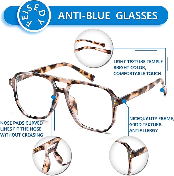 FEISEDY Blue Light Blocking Glasses Fake Nerd Clear Square Computer Lightweight Pilot Glasses Frame Oversized B2866