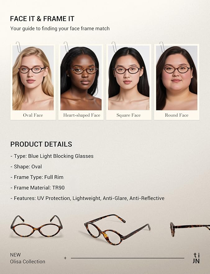 TIJN Olisa Blue Light Blocking Glasses for Women Men,Retro Oval Frame Bluelight Eyeglasses for Gaming/Computer/Screen