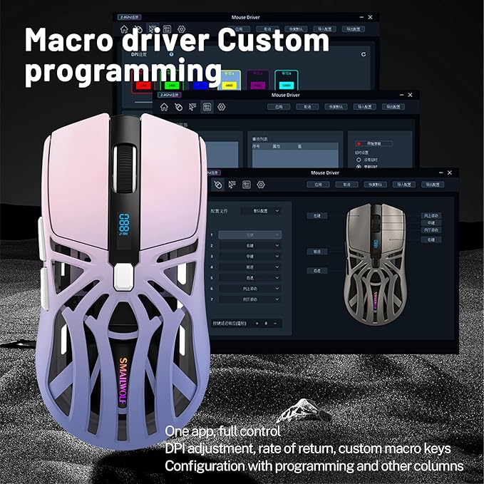 Wireless Gaming Mouse, 10000 DPI, Tri-Mode 2.4GHz/Bluetooth/Wired Mouse, 6 Buttons, Digital Display, Silent Mice, Rechargeable, Customizable Macro and RGB Backlight for PC/Mac/Laptop (Purple)