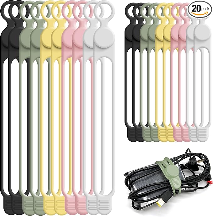 Nearockle Silicone Cable Ties Cord Organizer for Cable Management, 20PCS 4.2" and 7.1" Reusable Cable Organizer Electronic Accessories for Home, Office, Kitchen, School, Travel (5 Colors) by ELECTRONICSORGANIZATION