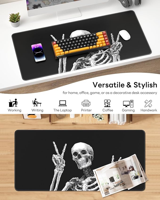 XL Gaming Mouse Pad, 31.5x15.7'' Large Desk Mat with Anti-Slip Rubber Base & Stitched Edges for Gaming, Office, Home - Fun Skull