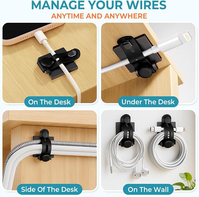 Kanemc Cable Clips Management Kit, 15 Cable Holder With Silicone Cord Ties, 15 Nylon Zip Tie, Extra 15 Screws & 8 Adjustable Cable Straps For Workspace Organizers PV Computer TV Under Desk Wire Setup - Image 3