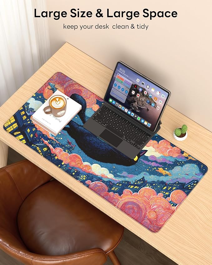 XL Gaming Mouse Pad, 31.5x15.7'' Large Desk Mat with Anti-Slip Rubber Base & Stitched Edges for Gaming, Office, Home - Flying Cat