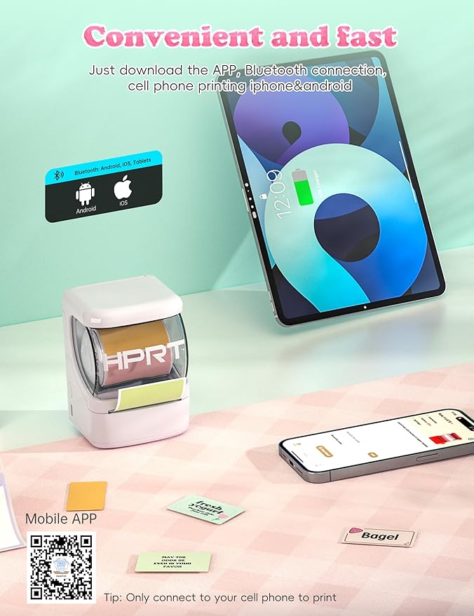 HPRT NEW1 Label Maker - Label Make Machine with 1 Roll Tape Portable Bluetooth Thermal Printer for Smartphone iPhone&Andriod, White
