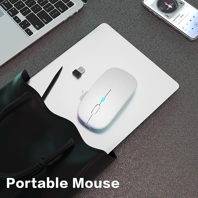 Wireless Bluetooth Mouse Rechargeable Laptop Mice with LED Use Portable(BT5.2 and USB 2.4G) Dual Mode Connection Silent Slim Computer Mouse for Laptop/iPad Tablet/Apple MacBook/PC(White)