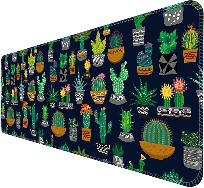 Desk Mat,Big Desk Pad,31.5 x 11.5in Extended Gaming Mouse Pad,Large Mouse Pad for Desk Rubber Base Mousepad with Stitched Edges,Keyboard Mouse Mat for Work Game Office Home - Cute Cactus