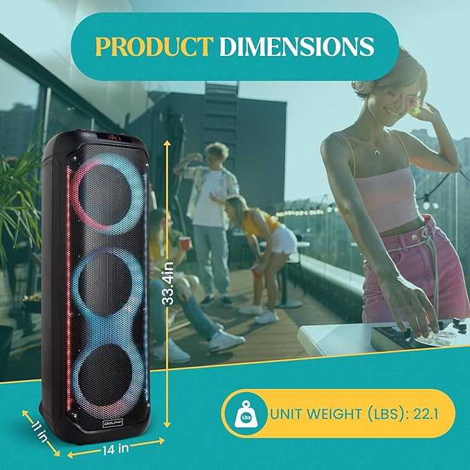 Dolphin KaraokeBox 380: Triple 8" Bluetooth Party Speaker – Powerful Sound System, Long-Lasting Rechargeable Battery, LED Lights, 35-Inch Tall, Portable Design, AUX/USB/TF/Bluetooth Connectivity