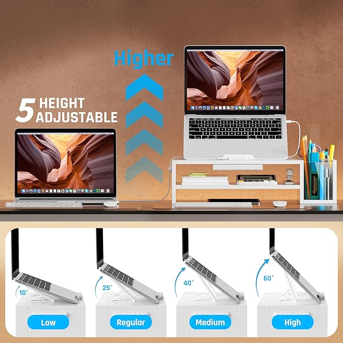 AFOOYO Adjustable Wood Laptop Stand, Ergonomic Height & Angle Computer Riser with Pen Holder – Compatible with MacBook Air/Pro, Dell, HP, Lenovo & 10-17.3" Notebooks – White