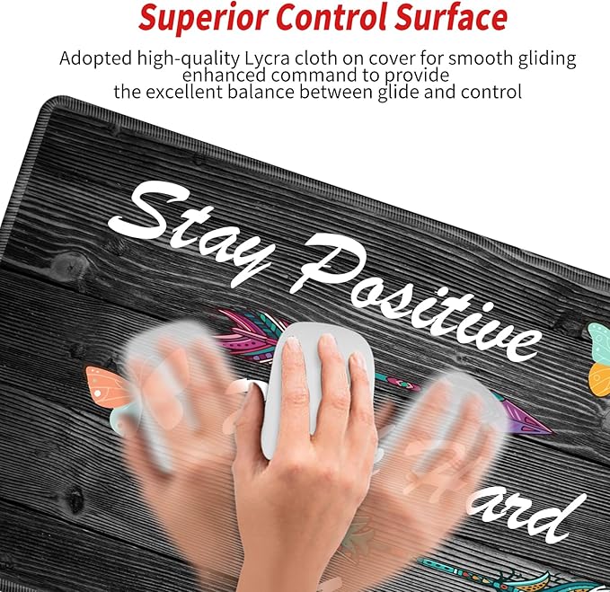Gaming Mouse Pad Large Mousepad Inspirational Desk Mat Stay Positive Work Hard and Make It Happen Desk Pad 31.5x15.75 Rubber Base Computer Pad with Stitched Edges for Work Game Home Office