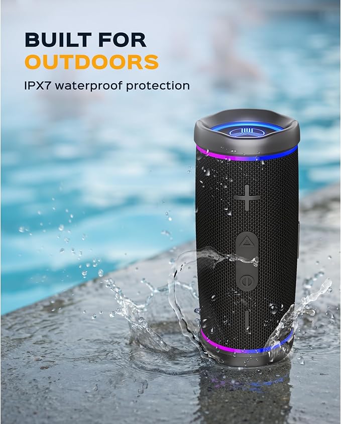 TREBLAB HD77 – Waterproof Bluetooth Speaker, 25W Loud 360° Sound, Deep Bass, IPX7, TWS Pairing, RGB Lights, 20H Battery, Portable Wireless Speaker for Outdoor, Beach, Camping, Party, Travel