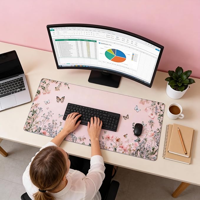 Cute Floral Aesthetic Wildflower Large Mouse Pad, Pink Macaron Desk Mat with Anti-Slip Base & Stitched Edges, Computer Keyboard & Laptop Pad, 35.4" x 15.7" in in Workstation Accessories