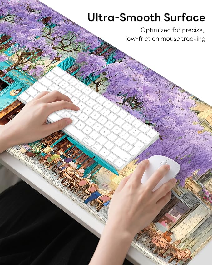 XL Gaming Mouse Pad, 31.5x15.7'' Large Desk Mat with Anti-Slip Rubber Base & Stitched Edges for Gaming, Office, Home - Wisteria Cafe