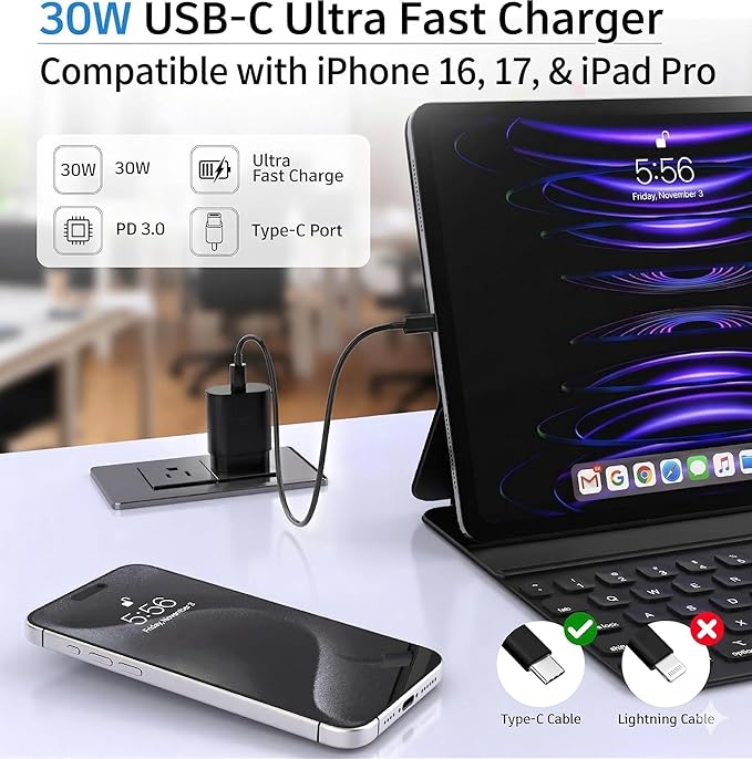 TT&C USB C Block 30W PD Super Fast Charger Type C Plug Cube Wall Adapter Power Brick Compatible with iPhone 17, 17e, 17 Pro Max, 16, 16e, 15, 14, 13, 12, iPad, mini, Galaxy S25, S24 (Black 1Pack)