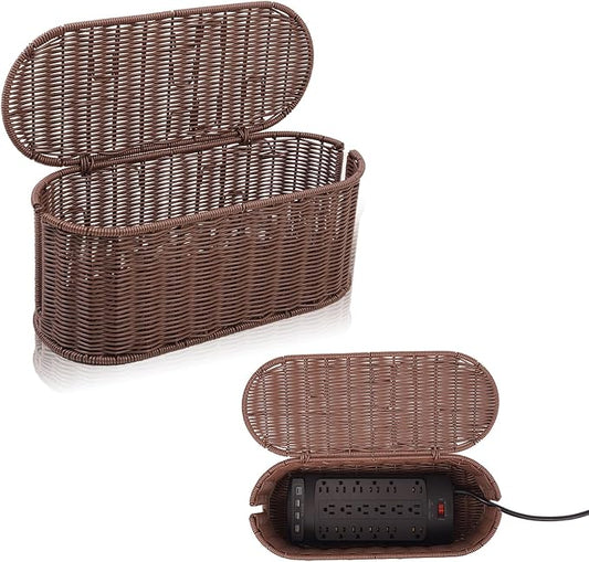 Cable Management Box, Handmade Rattan Cable Organizer, 2 Open Slots Cords Hider Box, Under Desk Cord Organizer for Computer Router USB Hub & Power Strip, Patent Pending, 15.9" x 6.5" x 6.5", Brown by Cantalop
