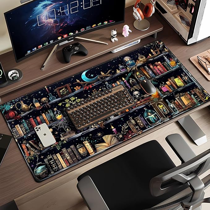 Bookshelf Desk Mat Black Library Aesthetic Desk Pad Large Gaming Mouse Pad 31.5x15.7 in Bookcase XXL Extended Mousepad Book Keyboard Mouse Mat for Work Game Office Home