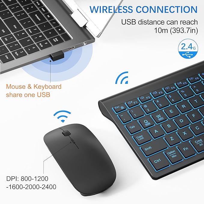 Wireless Keyboard and Mouse Ultra Slim Combo, TopMate 2.4G Silent Compact USB 2400DPI Mouse and Scissor Switch Backlit Keyboard Set, for PC/Laptop/Windows/Mac/Gaming - Matte Black