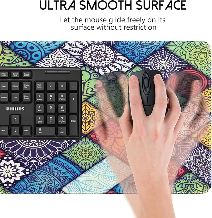 Colorful Boho Desk Mat,Large Cute Mouse Pad for Desk, Girly Mousepad with Stitched Edges, Computer Keyboard Mat for Work, Game, Office, Home, 31.5 x 11.8 Inch
