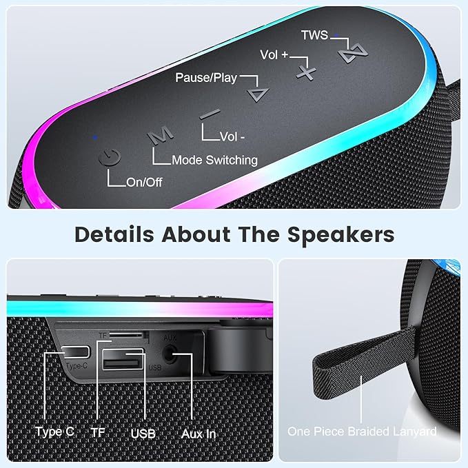 Bluetooth Speaker, 40W Portable Wireless with Stereo Bass, Bluetooth 5.3, IPX6 Waterproof Shower Speakers, LED Lights, TWS Pairing, 12H Playtime for Outdoor Beach Party, Ideal Music Gift