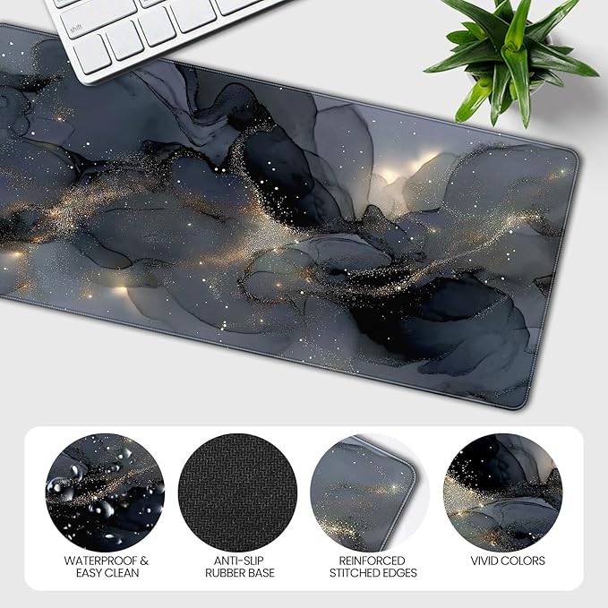 Extended Gaming Mouse Pad, Navy Blue Marble Pattern, 35.4 x 15.7 inches, XXL Extra Large Desktop Pad, Non-Slip Base, Waterproof, Suitable for Home Gaming and Office Use