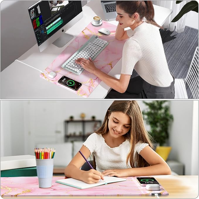 Pink Marble Mouse Pad with 15W Wireless Charging, 31.5"x15.8" Large Gaming Desk Pad/Mat for Women Girls, Waterproof Ultra-Smooth Surface, Non-Slip Base, with 20W PD Adapter