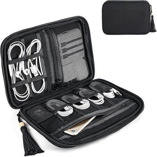 Mkono Electronics Organizer Travel Cable Cord Organizer Cotton Bag, Portable All-in-One Accessories Travel Essentials Storage Case with Tassel for Cable Charger Phone USB Pouch for Women, Black