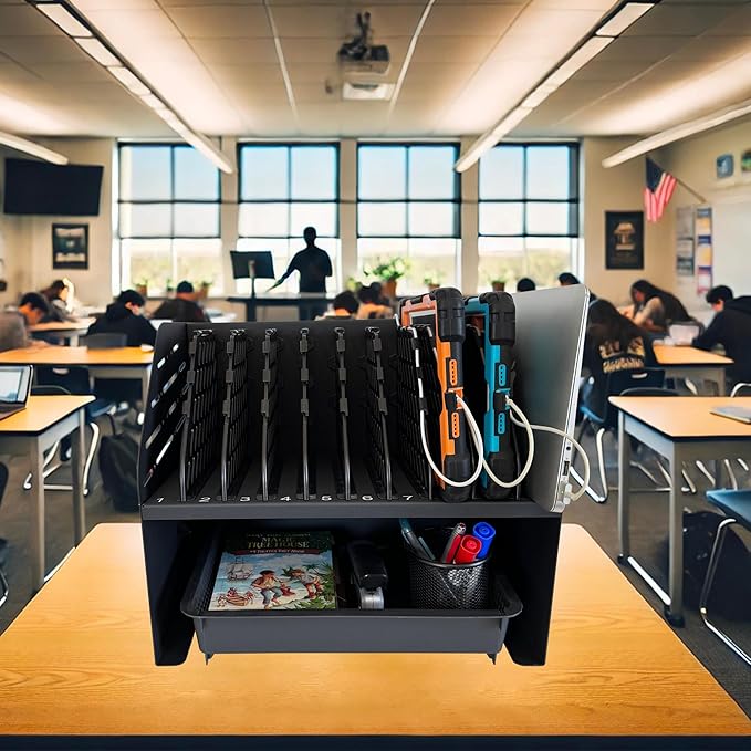 Laptop Charging Station for Classroom, Office, or Home, 10-Device Organizer with 6 AC Outlets & 4 Fast-Charging USB Ports, Fits Laptops, Tablets & E-Readers up to 1.3" Thick, 15.6"