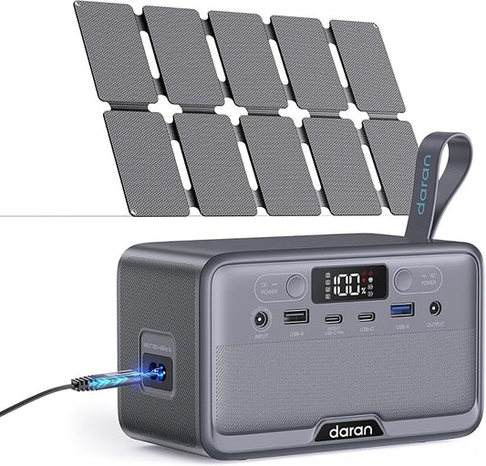 DARAN Portable Power Station 100W with 25W Solar Panel LiFePO4 Battery Power Bank with110V AC Outlets Solar Generator Fast Charging for Hurricane Emergency,Outdoor Use,Off-Grid traveling