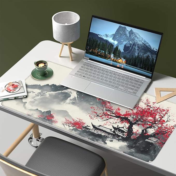 Mouse Pad, Large Anti-Slip with Stitched Edges Desk Mat Desktop Laptop Computer Desk Keyboard Mat,Table Protector Blotter Mat (Plum Blossom, 35.4" x 15.7")