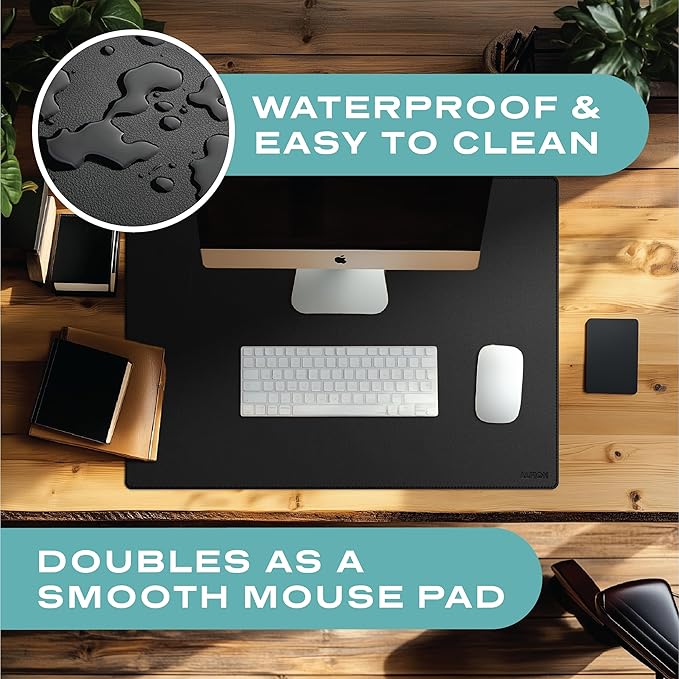 Leather Desk Mat Cable Organizer 23.6" x 17" | Premium Black Vegan Leather Desk Protector Blotter Mouse Pad with Felt Non Slip Bottom for Home Office