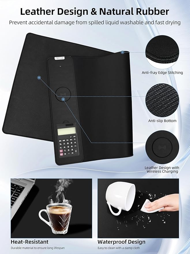 Mouse Pad 31.5x15.75 Inch with Calculator, 15W Magnetic Wireless Charging Desk Mat, XXL Desk Pad, Home Office Large Keyboard Pad with Ultra-Smooth Surface, Non-Slip Base (Black with 20W PD Charger)