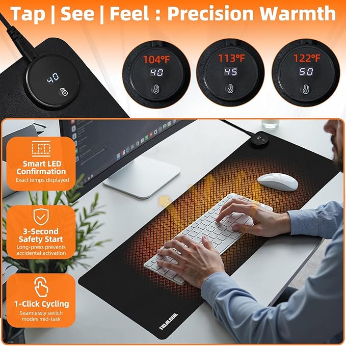 TIDALSOIL Heated Desk Pad, 31.5"×13" PU Leather Mouse Mat with Digital Temp Display, 3-Level 122℉ Warmth, 4H Auto Shut-Off, Waterproof Non-Slip Office & Home Heating Mat