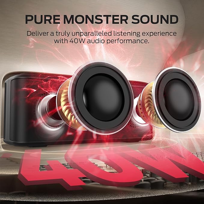 Monster Shock Plus Bluetooth Speaker, Portable Speaker with 40W Stereo Sound, 20H Playtime, Bluetooth 6.0, Support AUX, TF, Wireless Stereo Pairing, IPX6 Waterproof Speaker for Home, Outdoor, Travel