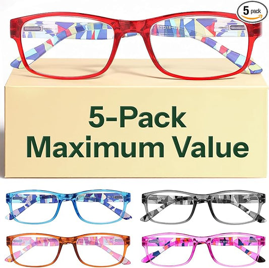 Gaoye 5-Pack Reading Glasses Blue Light Blocking, Spring Hinge Readers for Women Men Anti Glare Filter Lightweight Eyeglasses (5-Pack Mix Color 3,1.5)