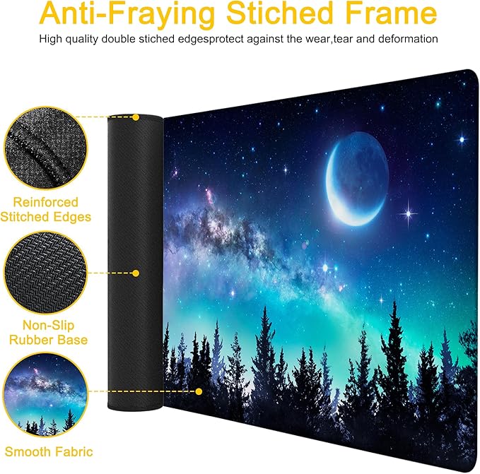 Desk Mat Moon Starry Sky Desk Pad for Keyboard and Mouse, Large Big Gaming Mouse Pad with Stitched Edges for Work Game, 35.43 x 15.75 in