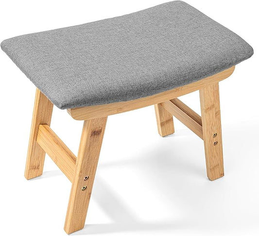 BAMBOO LAND- Bamboo Foot Stools Ottoman, Gray Cushion & Natural Wood Legs, Small Ottoman Foot Rest for Couch