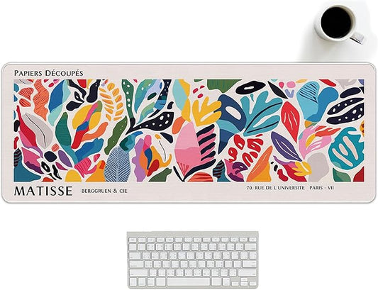 Abstract Floral Aesthetic Large Mouse Pad Matisse Boho Desk Mats, Pink Long Laptop Keyboard Mat Cute Gaming Desktop Mats for Desk, Flroal Desk Decor for Women Office 31.5x11.8