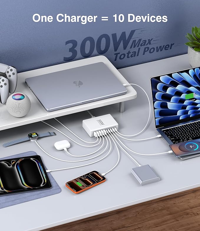 300W USB C Charging Block, 10-Port USB C Charging Station PD 100W Laptop Fast Charger Adapter for MacBook Air/Pro, iPhone17/16/15/14/13 Pro Max, iPad Pro, DELL, Samsung Galaxy