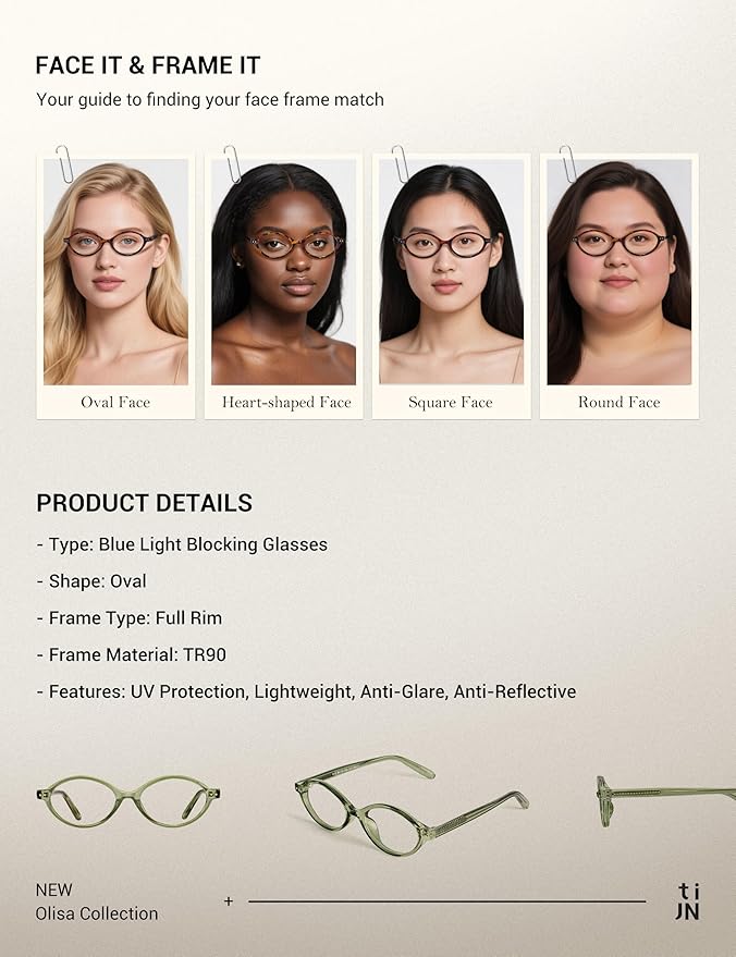 TIJN Olisa Blue Light Blocking Glasses for Women Men,Retro Oval Frame Bluelight Eyeglasses for Gaming/Computer/Screen
