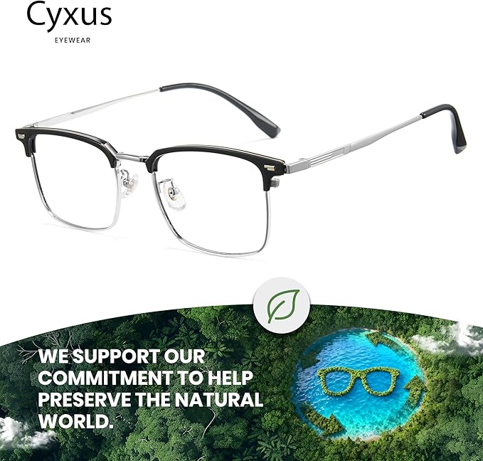Cyxus Retro Blue Light Glasses Men - Square TR90 Metal Blowline Frame Stylish Trendy for Computer Daily Work 8252
