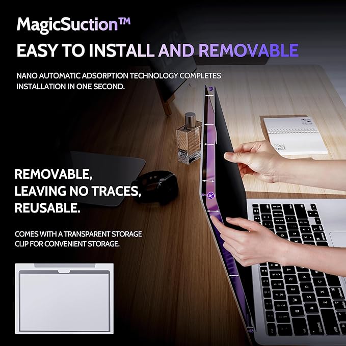 Peslv Privacy Screen for MacBook Pro 13 In (2016-2022, M1, M2) & MacBook Air 13 Inch (2018-2021, M1), MagicSuction™ Removable Anti Spy Black Protector, Glare Blue Light Filter for Mac Laptop Computer