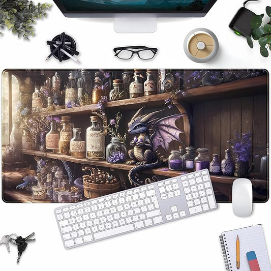 Purple Dragon Desk Mat Cute Large Gaming Keyboard Mouse Pad, Dragon Magic Desk Pad Extended Mouse Pad Gaming Office Decor for Pc Laptop Mouse Pads (31.5x15.7 in) with Stitched Eges Non-Slip Base