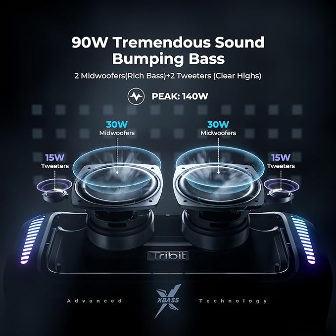 Tribit StormBox Blast Portable Bluetooth Speaker, (140W Peak) 90W Loud Stereo Sound with 30H Playtime, IPX7 Waterproof, LED Light, Wireless, XBass, BT5.3, TWS, Custom EQ, Party/Outdoor/Camping/Beach