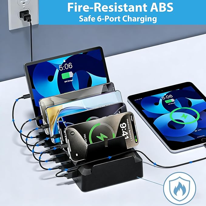 Charging Station for Multiple Devices, 6 Port USB Charger with Holder Stand and Cables for iPad, Apple, Android, Tablet, Office Desk Charging Dock Storage Organizer (Black)